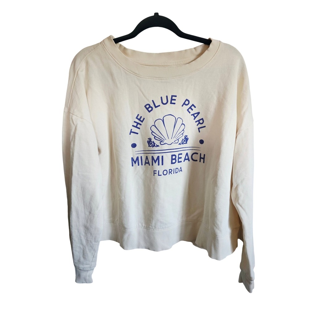 Maeve Anthropologie XL Blue Pearl Miami Beach Florida‎ Graphic Sweatshirt Cream - Picture 4 of 10